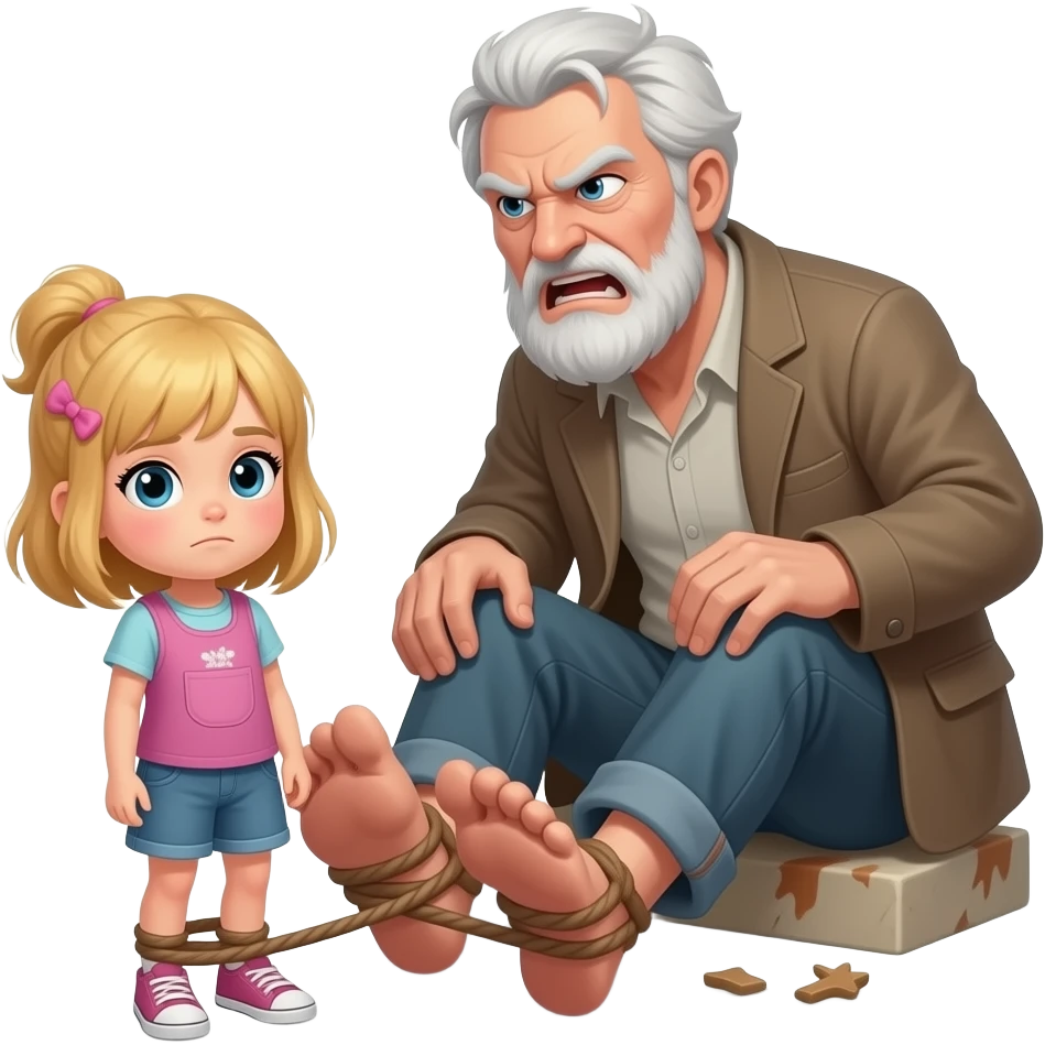 Small blonde girl tied to the foot of an evil homeless 50 year old angry white male emoji