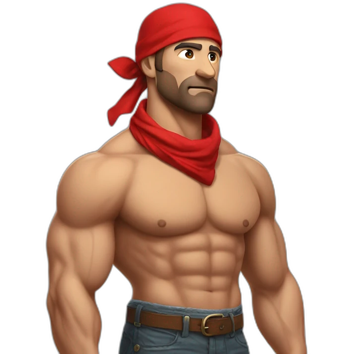 muscular man in red bandana standing sideways turns his head to face the viewer,torso emoji