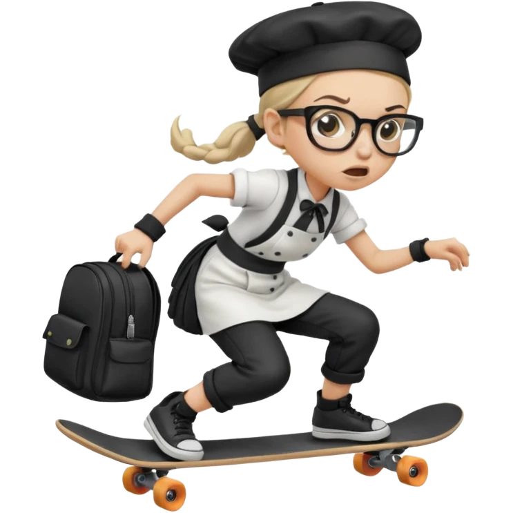 An angry woman with light skin, ponytail, wearing a chef hat and square glasses, dressed in goth fashion, is skateboarding while holding a backpack. emoji