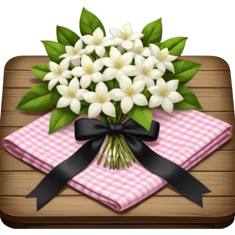 A lush bouquet of white color Jasmin black satin ribbon, resting on an antique wooden table, with a pale yellow and pink plaid pattern table cloth emoji