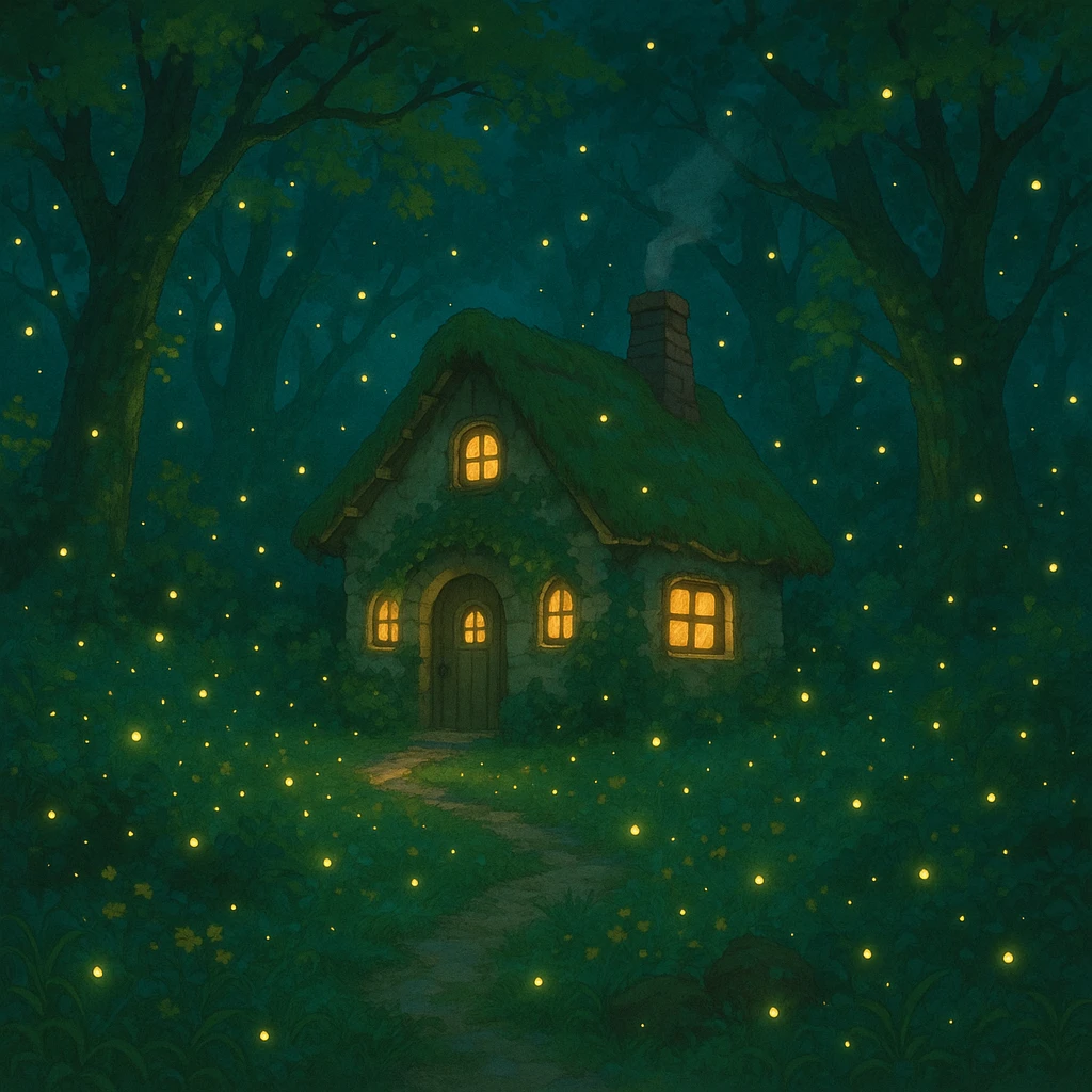 whimsical forest scene with glowing fireflies and a small cottage emoji