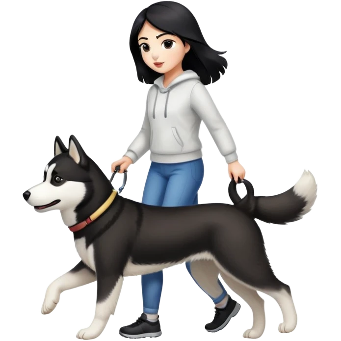 A black-haired girl walks a black and white husky emoji