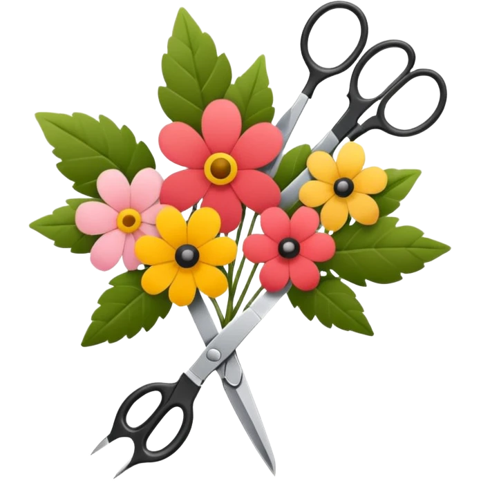 Minimalistic flat vector icon, iOS style, thin black contour on white background. Flower bouquet with leaves and scissors. No text, no shadows. emoji