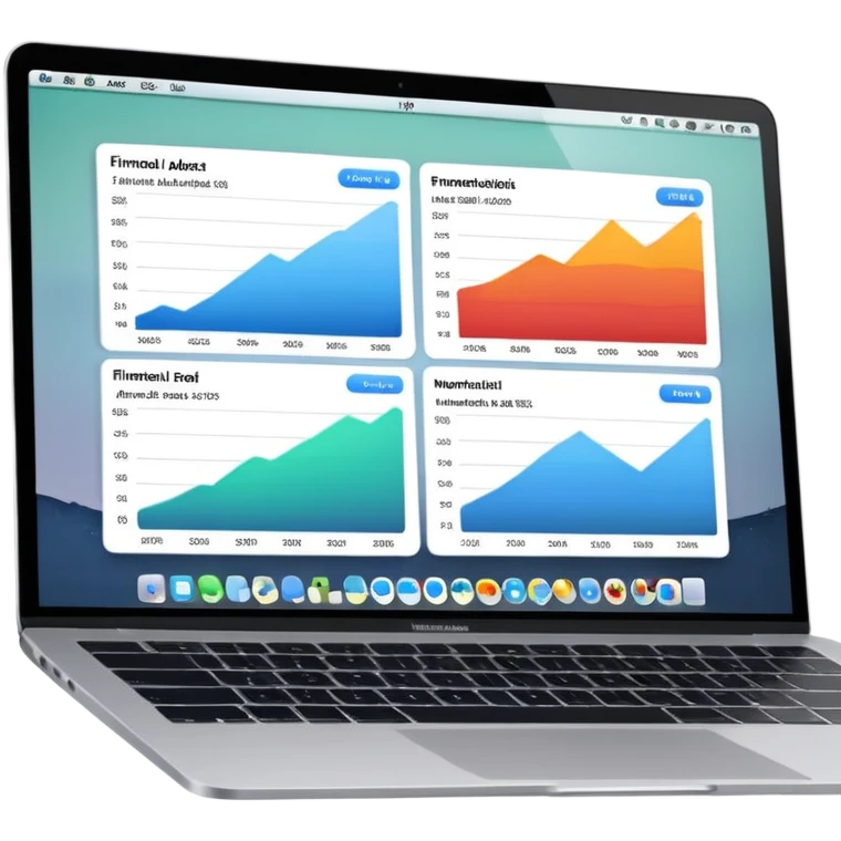 Create a macbook displaying financial analytics dashboards on the screen. emoji