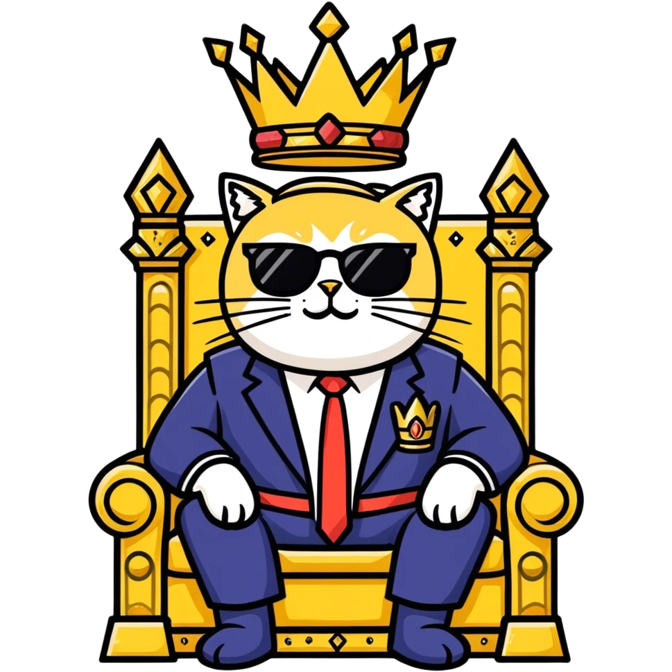 Donald Trump wearing a crown sitting on a throne Cat with sunglasses emoji