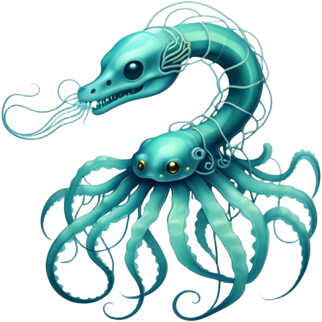 A phosphorescent deep-sea serpent made of electric wires and cables with translucent scales that reveal its glowing skeleton, possessing both jellyfish-like tendrils and the ability to generate electrical pulses that illuminate the ocean depths. emoji