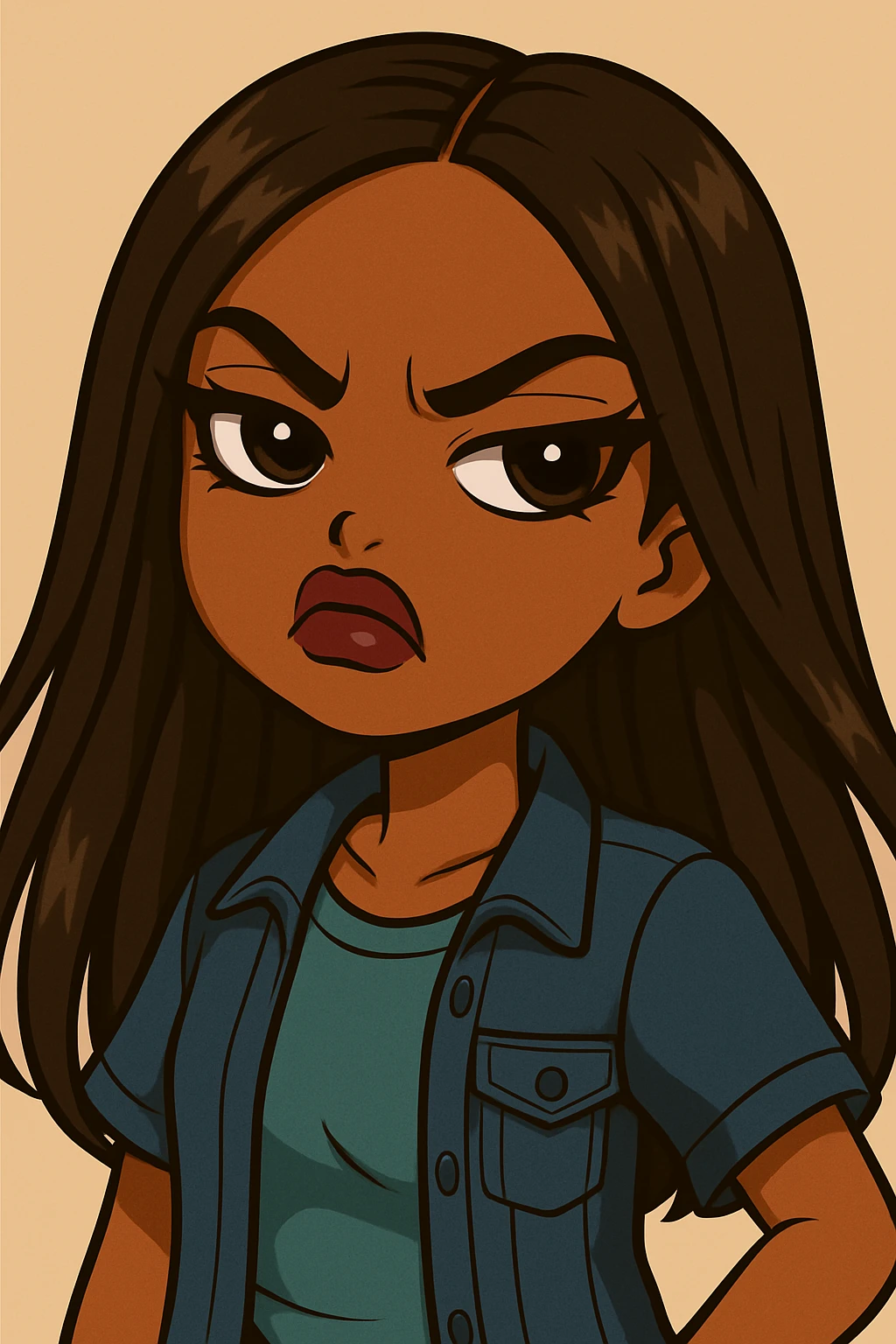Remove the side-eye, make her look straight ahead with an angry, snooty attitude, nose turned up, headshot only, 20-year-old anime Bratz style woman with dark skin, straight hair, more casual outfit, big expressive eyes, glossy lips, no hat, no tears. emoji