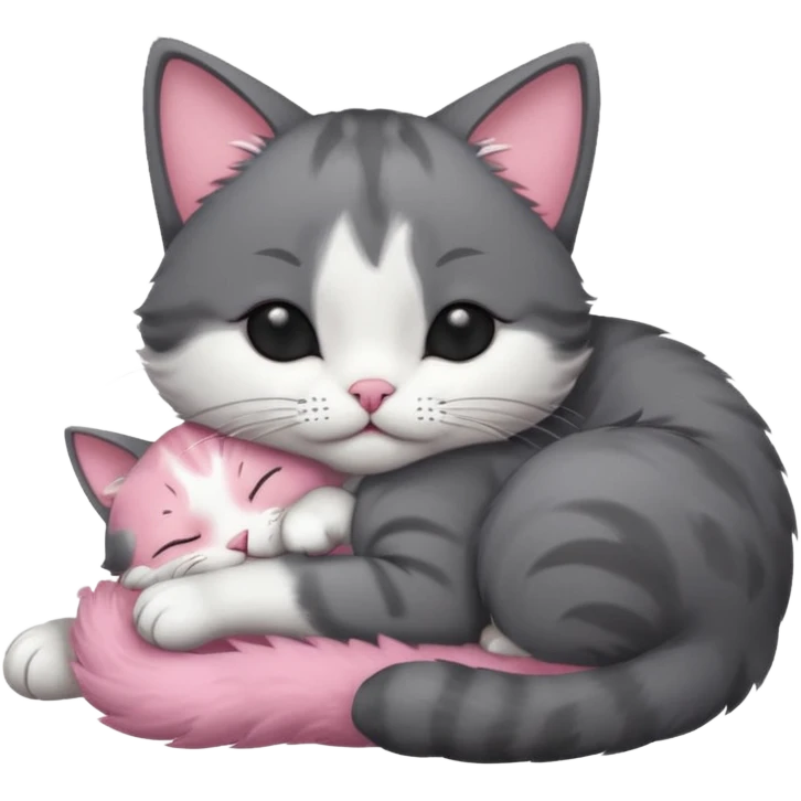 dark grey and white small cat with his eyes closed, leaning his head on his paw while leaning on his elbow lying down emoji