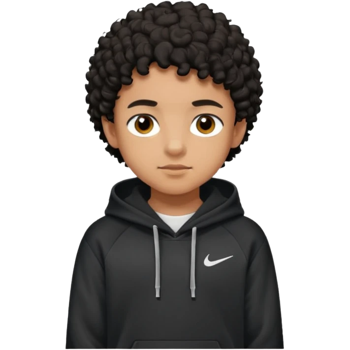Light brown skinned boy with black curly short hair and brown eyes. Black nike hoodie emoji