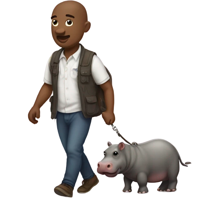 Man walking a bunch of moo dangs the Pygmy hippo by leash emoji
