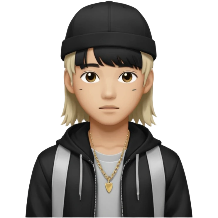 Portrait of a male K-pop idol, wearing a stylish streetwear outfit with layered clothing, long hair with bangs, makeup, wearing a black cap emoji