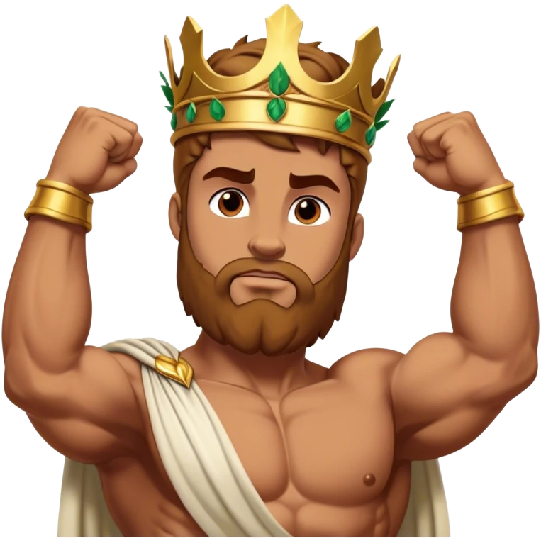 Cinematic Realistic Hercules Portrait, depicted with lifelike, sun-kissed skin and a robust, muscular physique that radiates both power and gentle nobility. His intense, kind eyes and regal expression are complemented by classical Greek attire and a laurel crown, rendered under dynamic lighting that highlights every chiseled detail. emoji
