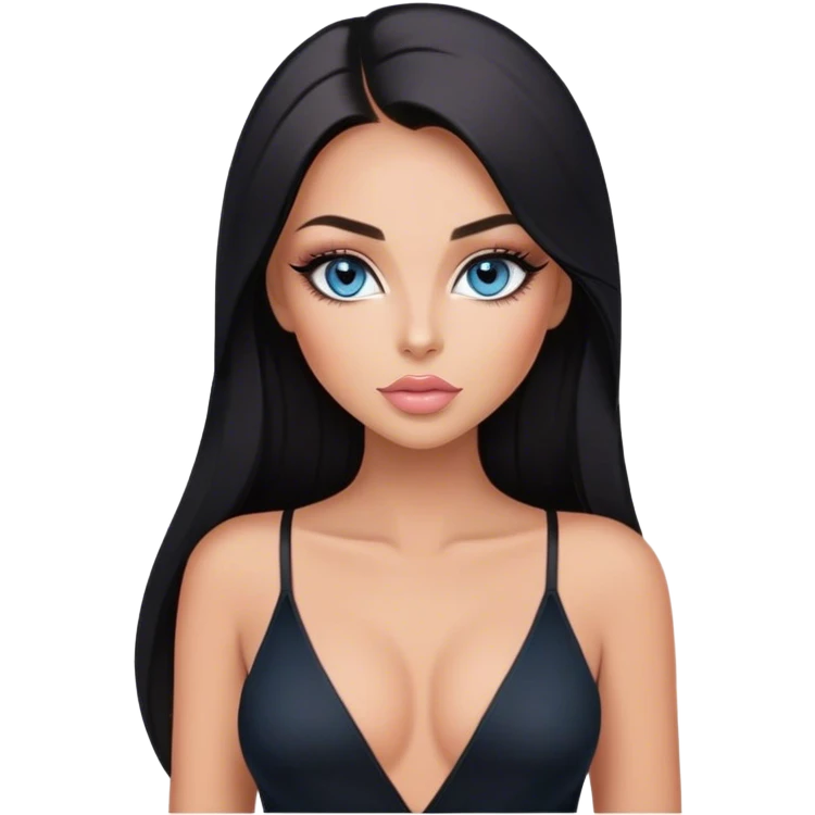 Glamours, tanned, beautiful, girl, with blue eyes, big pump peach-beige-rose lips, eyeliner, long lashes, black straight smooth silky long hair, parting hair in the middle,  in black v-neck bodysuit emoji
