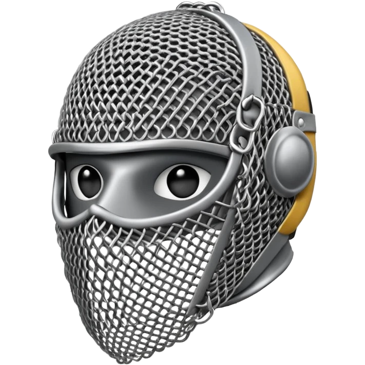 3D render oFencing Mask, made of interlocking chainmail metal rings, wire mesh texture, visible holes and negative space, metallic silver and grey, high contrast shadows, emoji style, isolated on white background --v 6.0. emoji