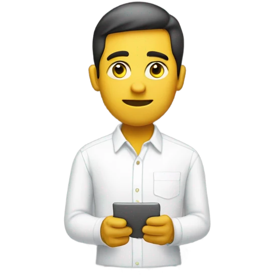 yellow skin man typing on white keyboard on desk wearing white button down shirt front view emoji