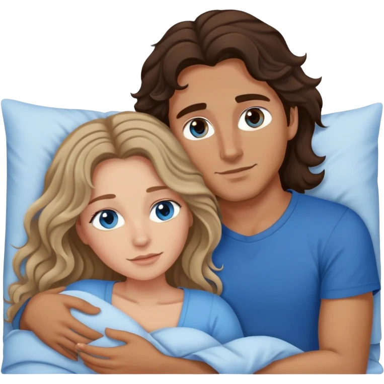 Man with dark brown wavy hair with brown eyes and one woman with long dark blond wavy hair with blue eyes in bed cuddling  emoji