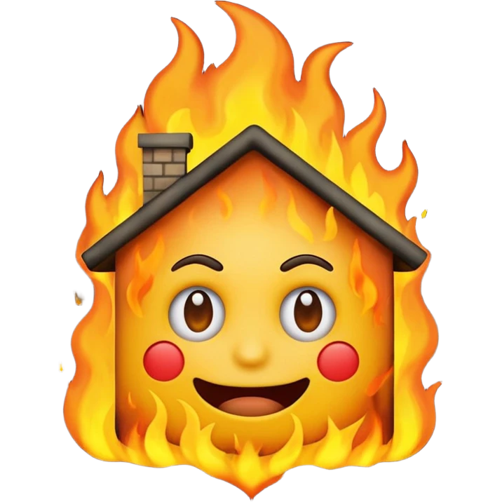 Create a comically crazy looking emoji that looks lost and confused. Have it related to emotional damage for theme with a house burning in background emoji