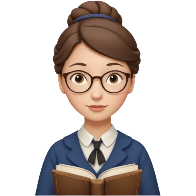 a young female teacher, modest, poor, kind, 20th century clothes, holding an English book, her brown hair tied in a bun, she is without glasses emoji