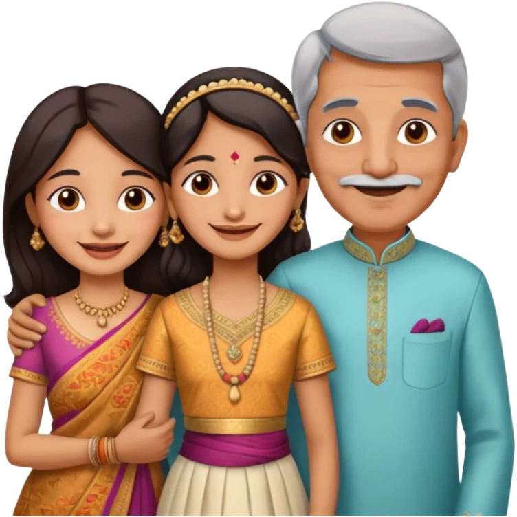 Indian family with a 70 years old father and mother and a 40 years old daughter. They wear a traditional dress. They are smiling. emoji