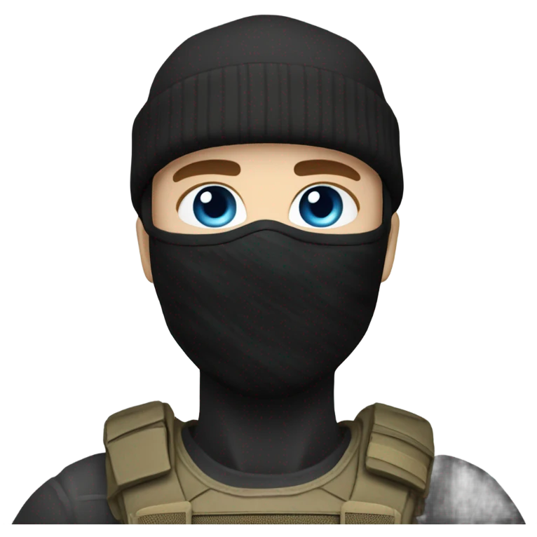 male, pale skin, call of duty black face mask, camo tactical gear, combat boots, black beanie, blue eyes emoji