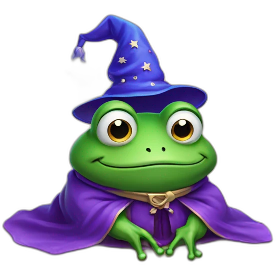 A frog wearing a purple robe and a blue wizard hat with stars on it emoji