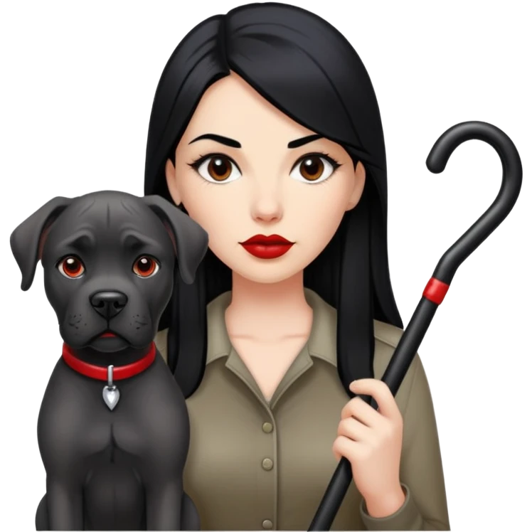 woman with long black hair and red lips next to a black Cane Corso dog with cropped ears and short tail emoji