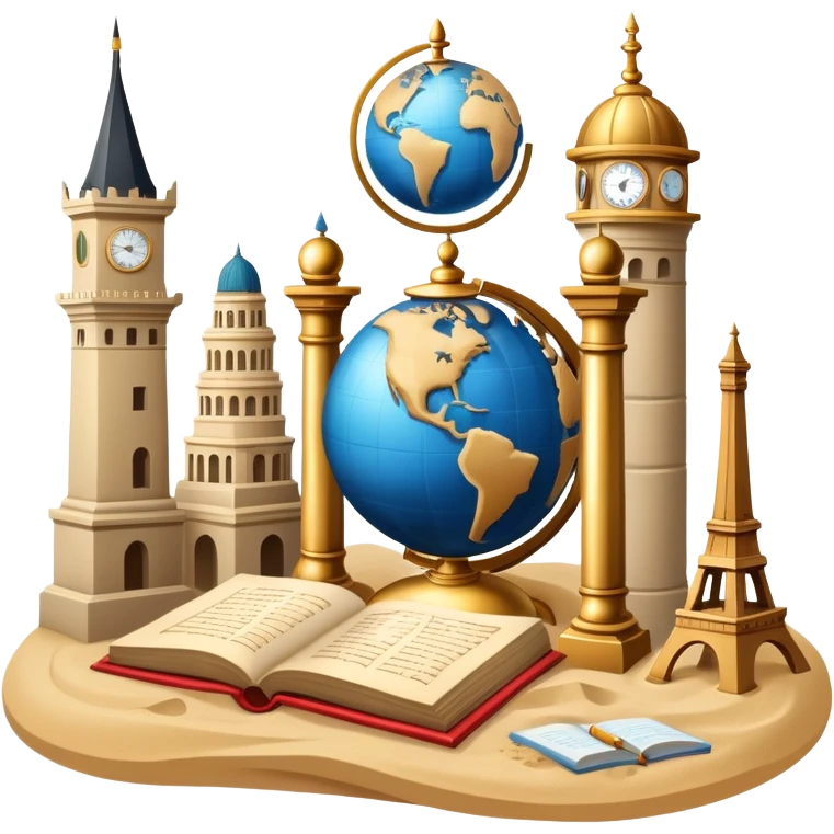 icon featuring ancient scrolls, quill pen, and a globe, with famous historical landmarks and monuments in the background. Large, antique sand clocks with sand pouring out represent the passage of time. Historical figures are depicted as statues. Transparent background. emoji