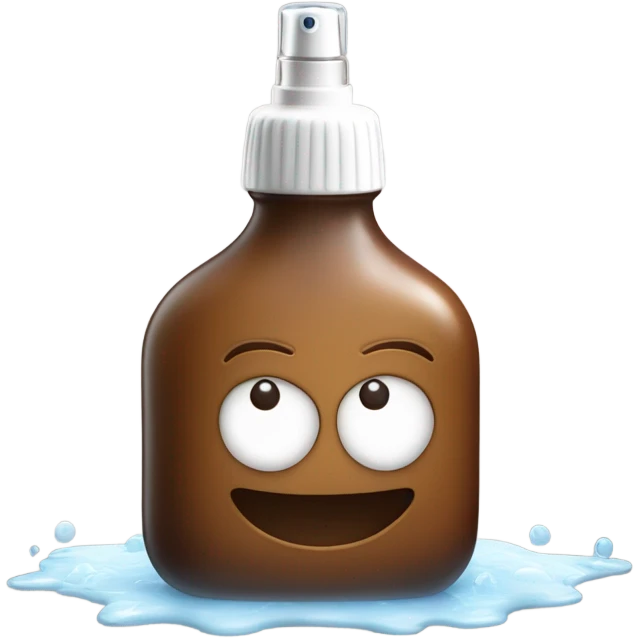 brown glass spray bottle with white top spraying small droplets of water from POV of sprayer emoji