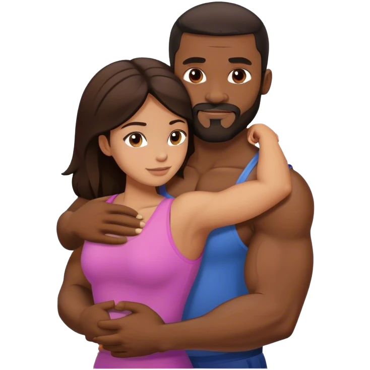 Black man with facial hair and muscles hug small brunette woman emoji