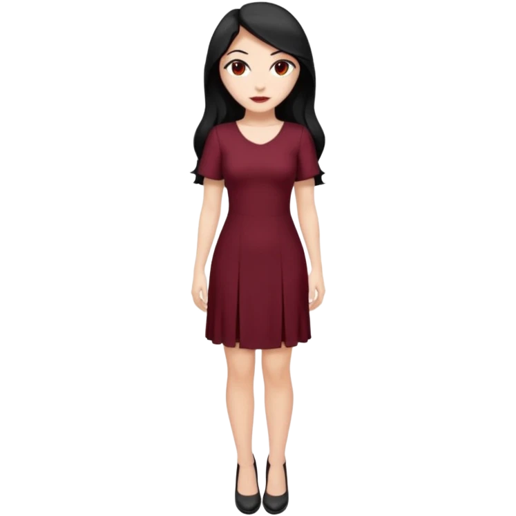Chica blanca ,ojos marrones, vestido granate largo sexy manga corta,  cuerpo entero pelo negro y largo zapatos negros sexys emoji