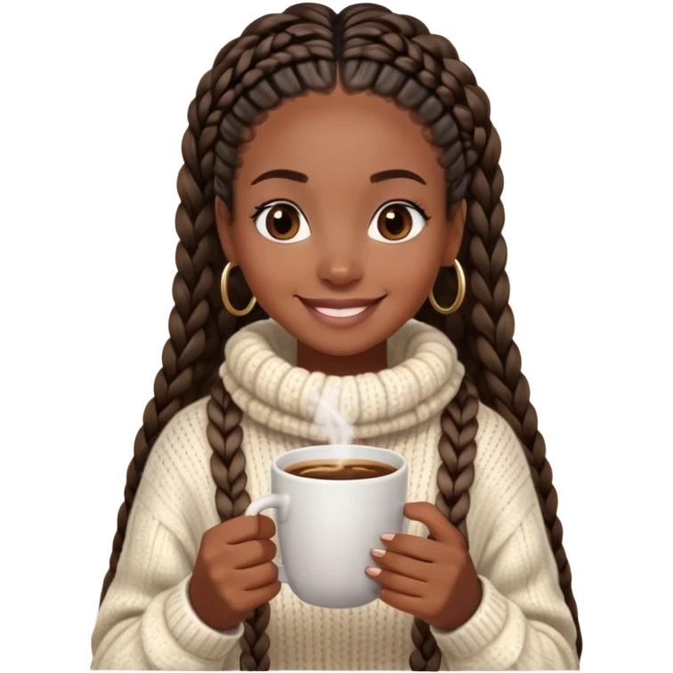 A dark-skinned Black woman with long box braids, holding a steaming coffee cup with both hands, wearing a cozy sweater, smiling. emoji