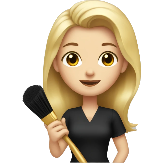 A blonde tall girl with a black apron and gold hair brush in a hand emoji