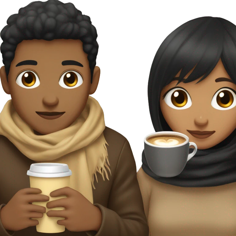 LIGHT BROWN SKIN BOY, with SHORT STRAIGHT BLACK HAIR and a TAN SKIN GIRL, with BLACK HAIR and BANGS, inside the same blanket sipping coffee emoji