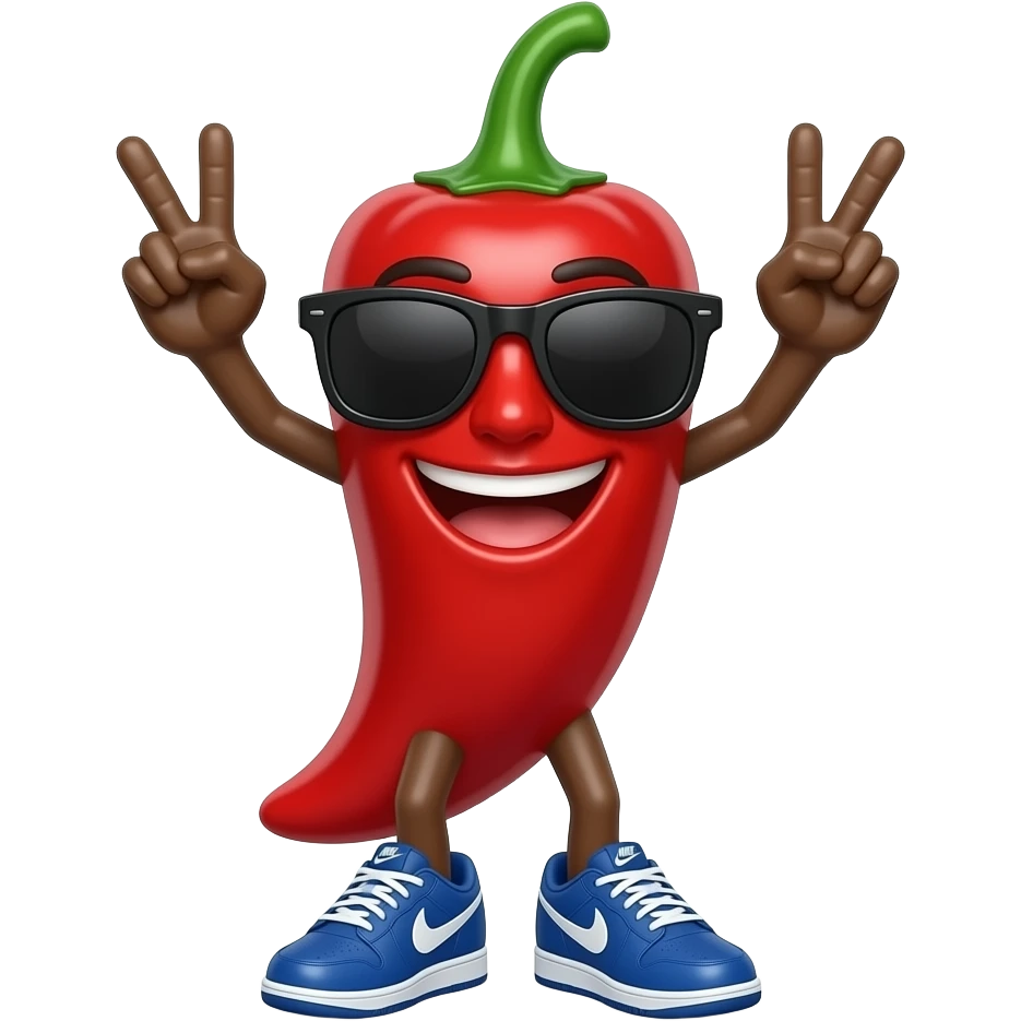 a red jalapenio holding up peice signs with his hands and weaering sun shades with blue nikes emoji