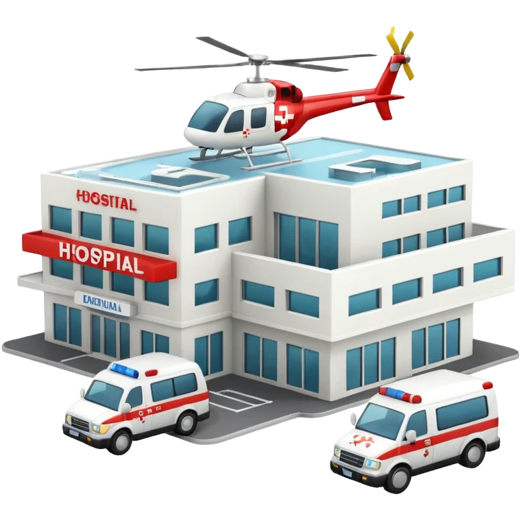 3d hospital outside, with text hospital, ambulance, helicopter , no background emoji