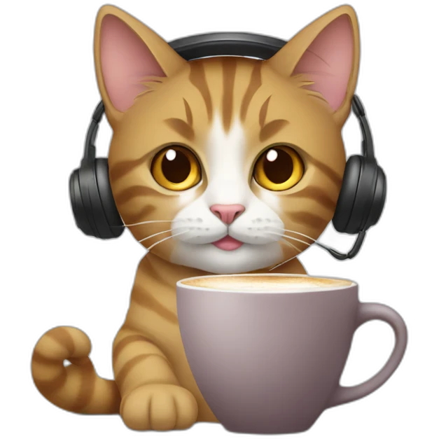 cat with a cup of coffee and wearing a headset emoji