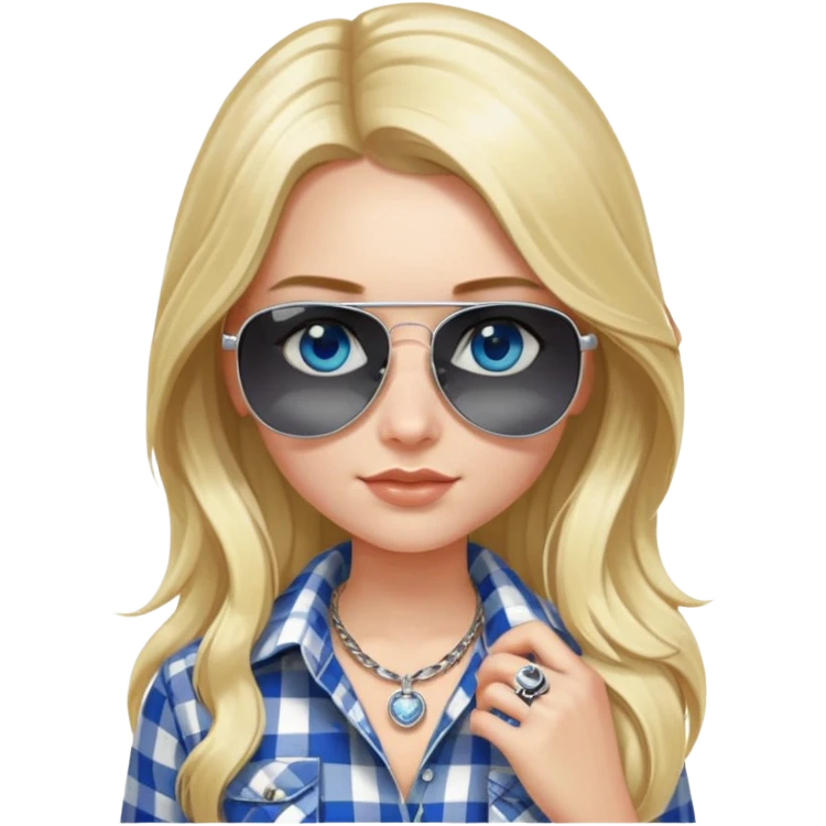girl with long blond hair, wearing black and white plaid shirt, with blue eyes and aviator sunglasses, wearing a ring on her silver necklace around her neck emoji