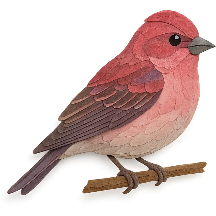 purple finch sitting on a branch, delicate paper layers, realistic feather patterns, subtle color variations emoji