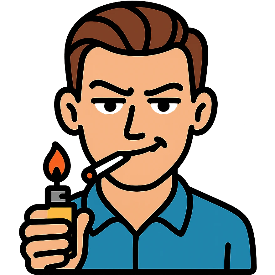 a guy with hazel eyes and slicked back brown hair stay with a lighter and a cigarette in his mouth with a sly expression on his face emoji