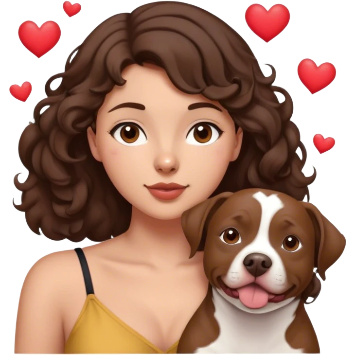 20 year-old young woman with brown hair, medium to dark brown hair, semi long with a little curl and not skinny not fat just a little pudgy sits in the floor with her dog who is a medium brown that looks maybe like a little pitbull in it with hearts, flying all around as she loves on him emoji
