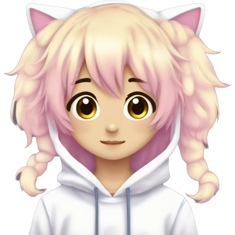 Cute Kawaii Beautiful Gorgeous Sparkly Shiny Blushing Anime Style Romantic Shojo Catboy Man Guy Femboy With Pretty Hair And Hoodie Trendy Style Outside emoji