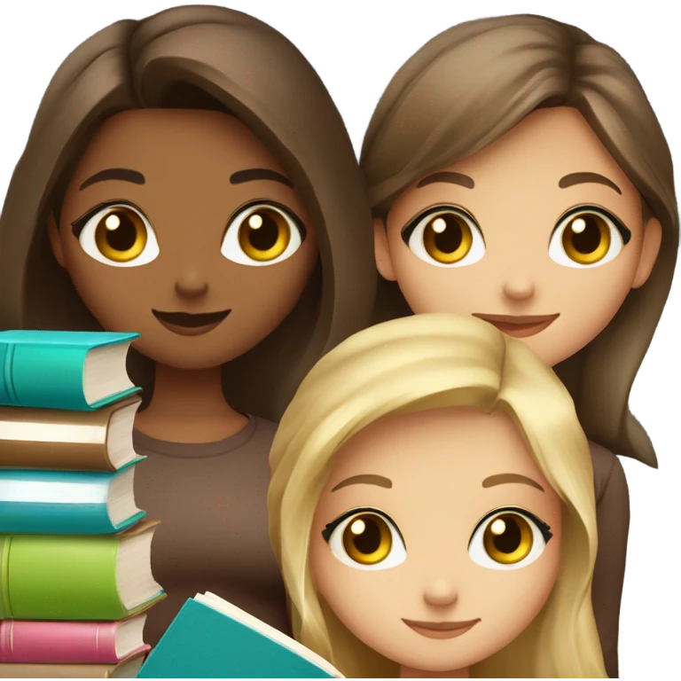 4 cute girls with cute books. 2 girls blonde with green eyes. 1 brunette with blue eyes and 1 brunette with brown eyes. all holding books emoji