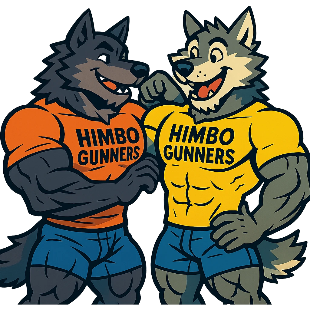 two extremely muscular wolf furries wearing t-shirts that say 'Himbo gunners', touching each other's muscles, friendly and playful expressions, highly detailed fur and anatomy, ultra high quality emoji