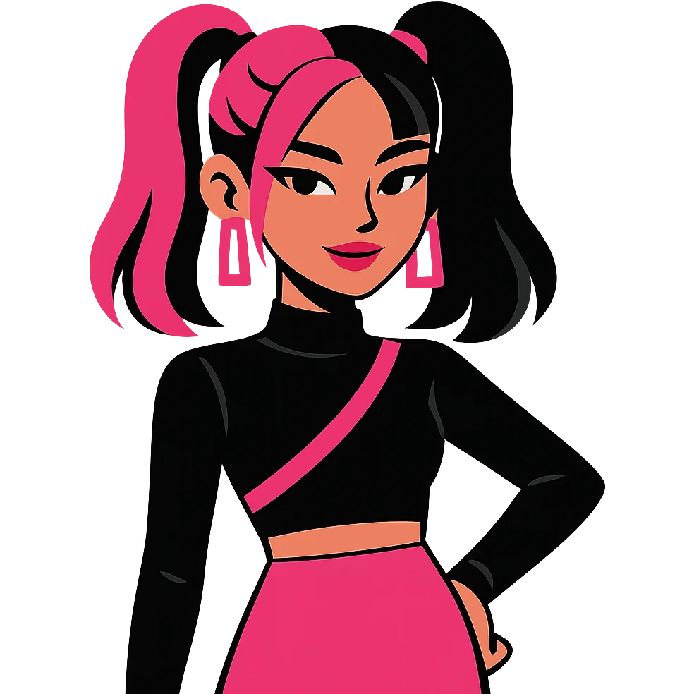 Blackpink-inspired K-pop avatar, pink and black color scheme, trendy hairstyle, confident expression, modern pop style emoji