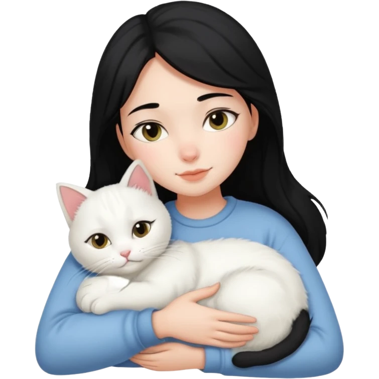 black-hair-girl snuggle with white cat emoji