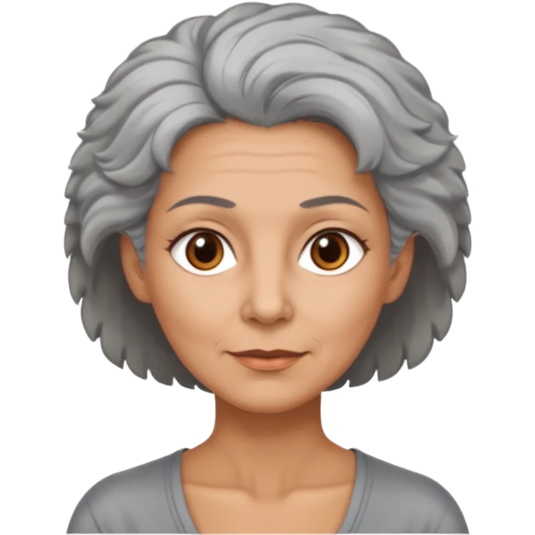 woman 50 years old, shaved grey fluffy hair, tannes skin and brown eyes emoji