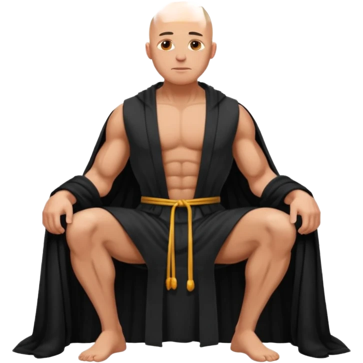 fullbody jacked bald guy, sleeveless and unbuttoned in black robe sitting emoji