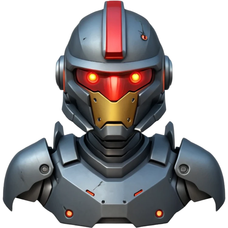 futuristic war robot portrait, head and shoulders only, aggressive design, sharp armor edges, glowing red eyes, battle-damaged helmet faceplate, heavy armor collar, intense dramatic lighting, sci-fi metal textures, 3D cartoon, mobile game icon style, clean background, no text, no watermark
 emoji
