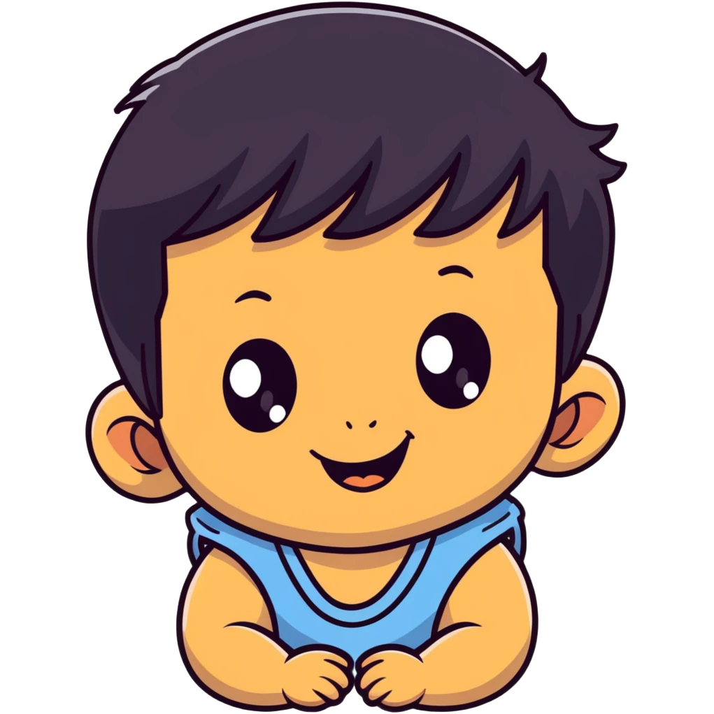 Smiling baby boy face with big eyes, medium skin tone, and black hair emoji