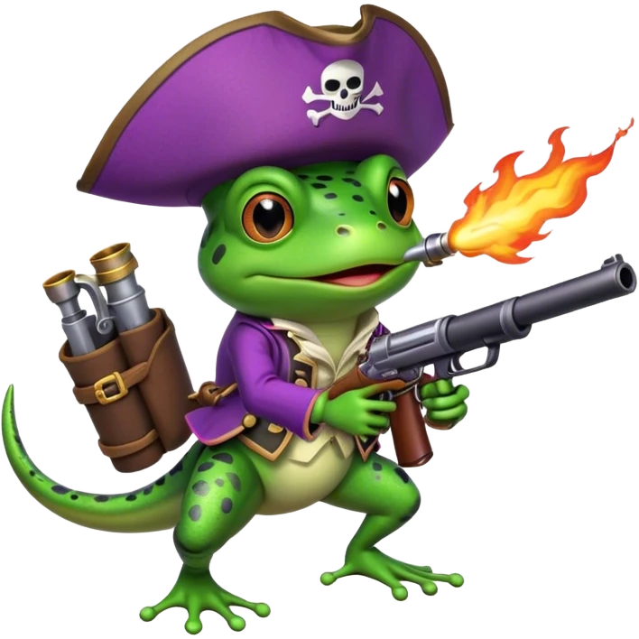 frog with fire gun pirat riding purple rocketin hands emoji